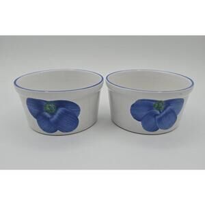 Vintage Set Handpainted Yellow/Blue Flower Maxam Italian Daisy Ceramic Ramekins